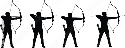 Set of 4 archer silhouettes in side view aiming bows with arrows and quivers showing proper archery stance