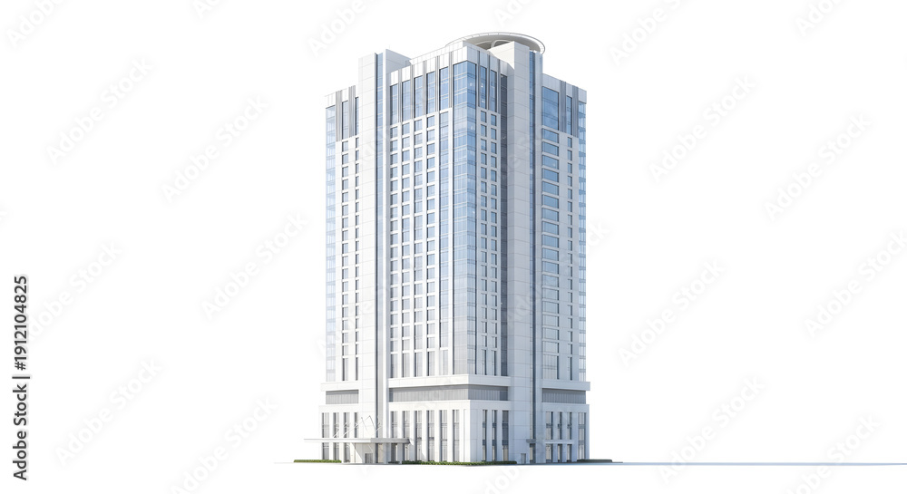 Fototapeta premium A high-rise building with a modern architecture design stands tall with multiple floors and windows, Whisk reference visible in the detailed structure.