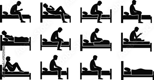 Set of 12 silhouettes of person on bed in varied postures including sitting, lying, resting, and phone use