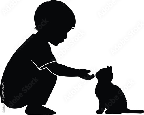 Silhouette of child squatting and extending hand toward sitting cat symbolizing affection, connection, and companionship 