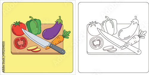 Coloring book page vector illustration of vegetables on cutting board with knife. Cartoon healthy food preparation with tomato, eggplant, carrot and pepper. Line art and color sample for kids.