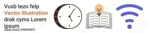 Time management, education, knowledge sharing, online learning, productivity, and innovation. Clock, book with a light bulb and wireless signal icons. Time management and education concepts
