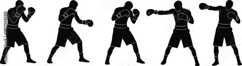 Set of 5 boxer silhouettes in different stances showing defensive guards and offensive punches with gloves and shorts 