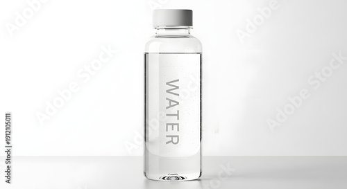 A clear glass bottle of water on a white surface with natural light reflection
