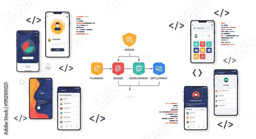 Mobile app development process with coding and testing on multiple smartphones and tablets