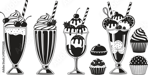 Delicious milkshakes and cupcakes in black and white illustration
