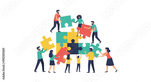 Diverse group of people working together to build a large puzzle teamwork and collaboration concept