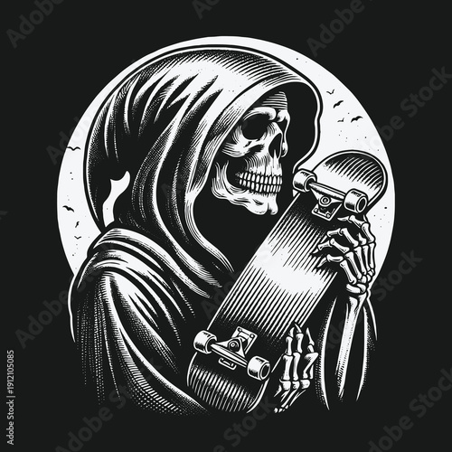 Grim Reapers Skateboarding Obsession: A Darkly Humorous Illustration of Mortality.