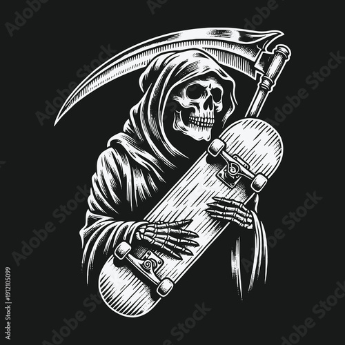 Grim Reapers Skateboarding Adventure: A Darkly Humorous Illustration.