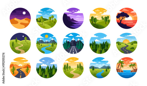 Flat Style Landscape Icons Collection for Nature, Scenic Roads, and Outdoor Adventures