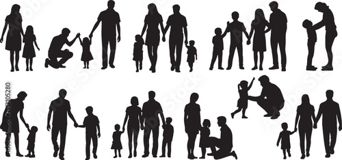 Happy family silhouette collection, various family scenes, parents walking with their children, parents holding hands with children, and parents interacting with young children. vector