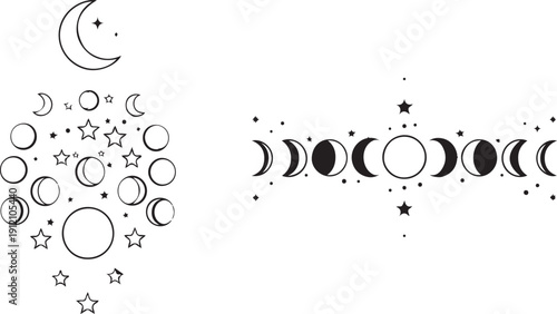 A collection of various moon phases, stars, and celestial circles, depicting lunar cycle and cosmic elements