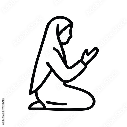 Outline icon of a muslim woman kneeling in prayer isolated on white background