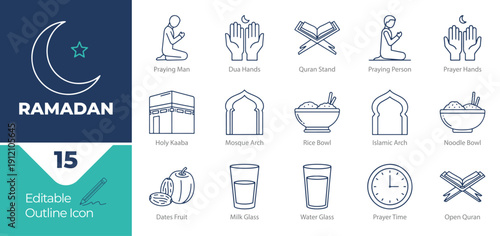 Ramadan Kareem Islamic Traditions Editable Outline Icon Collection