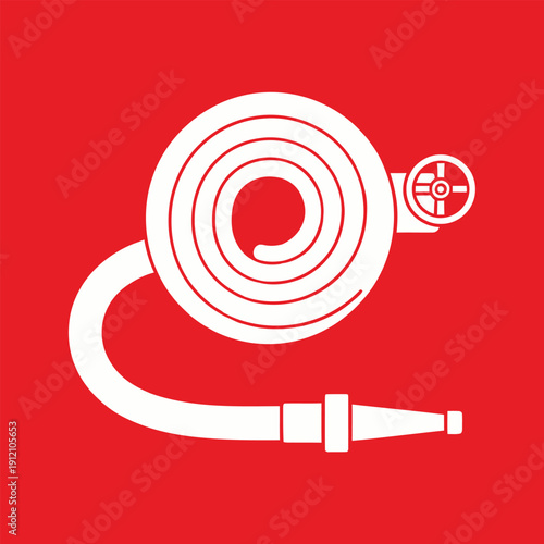 White icon of a coiled fire hose with a nozzle and valve on a vibrant red background, symbolizing fire safety and emergency equipment.