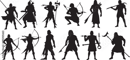 Fantasy warrior silhouette set, Diverse poses of armed warriors sword shield bow axe poses, medieval fighters, fantasy combat characters, ancient warrior design artwork. vector