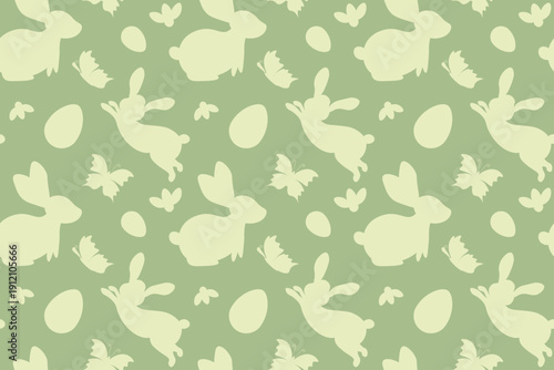 Seamless minimalist vector pattern of pale yellow bunny, butterfly, and Easter egg silhouettes on an olive green background. Elegant nature inspired design for spring textiles and decor.