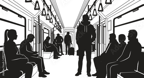 Commuters travel in a busy urban subway car during rush hour