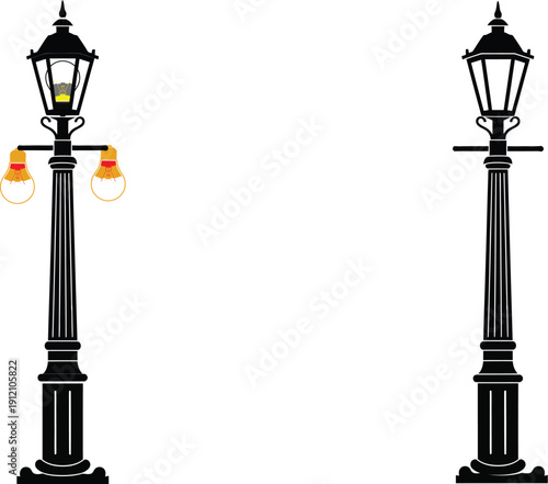 Two black street lamps isolated on transparent background