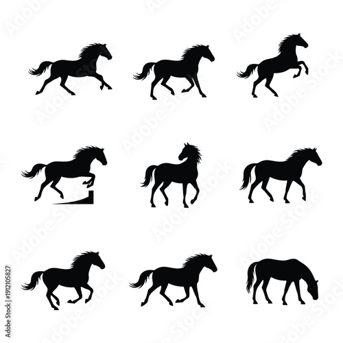 Dynamic Equine Silhouettes: A collection of elegant horse silhouettes in various poses and gaits. Demonstrating the grace, power, and movement of these majestic animals. 