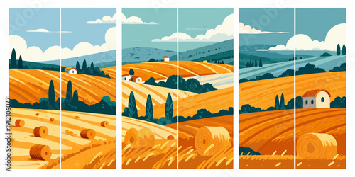 A triptych depicting a golden rolling landscape with hay bales