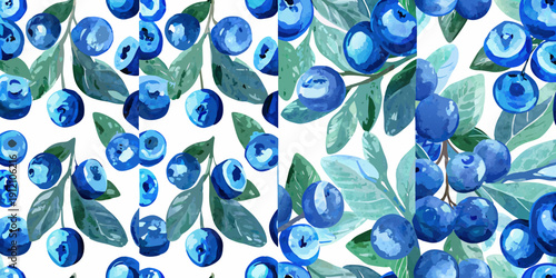 Watercolor blueberries and green leaves create a seamless repeating pattern