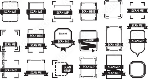 Varied scan me and scan here frames banners labels and icons for scanning technology