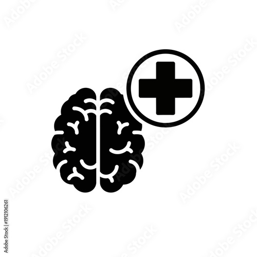 Simple black and white icon representing brain health and medical care.