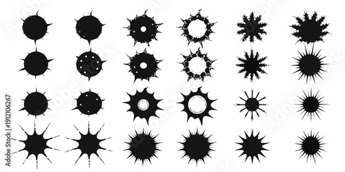 Abstract arrangement of black spiky circular shapes in a grid pattern