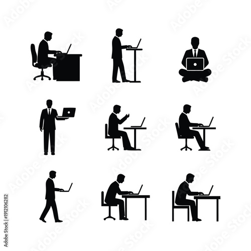 Working silhouette collection: A set of nine silhouettes showcasing the diverse ways in which individuals engage with laptop.