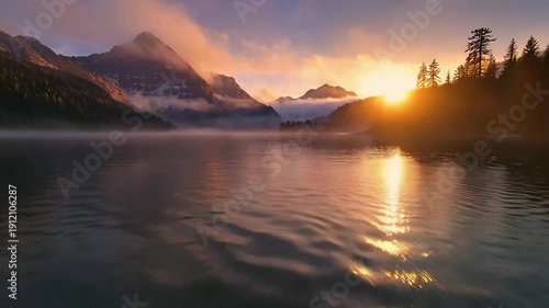 Sunrise over mountain lake with mist and trees in the early morning