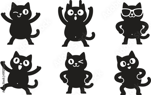 Funny cartoon cats in various dance poses and expressions