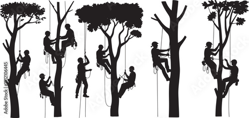 silhouette set featuring tree climbing arborists, tree cutting workers, and pruning illustrations. vector