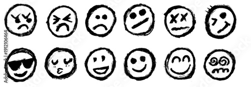 Smiley Faces Sad Happy Grunge Brush Stroke Drawing Vector Set