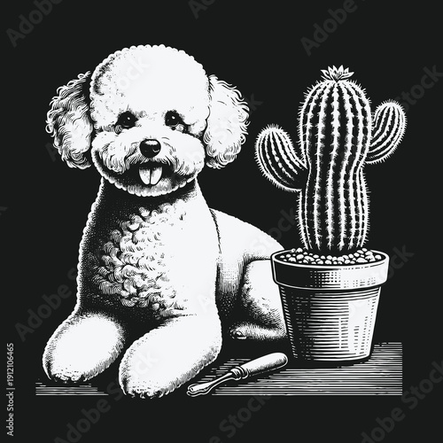 Monochrome Poodle and Cactus Still Life Illustration.
