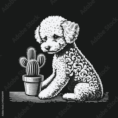Monochrome Poodle and Cactus Illustration with Intricate Details.