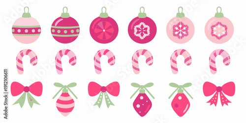 Colorful christmas ornaments candy canes and bows arranged in rows