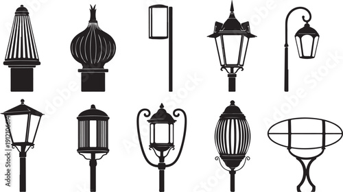Set of ten different street lamps collection, outdoor light fixtures, retro and modern streetlights, vintage lamp posts