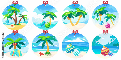 Eight oval frames depict tropical beach scenes with palm trees and holiday decorations