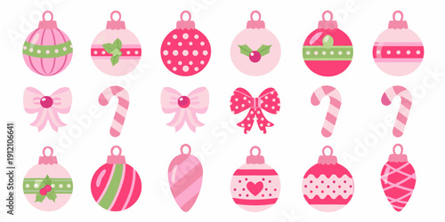 Collection of pink christmas ornaments and candy canes on white background
