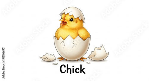 Cute yellow chick hatching from egg with broken shell pieces around