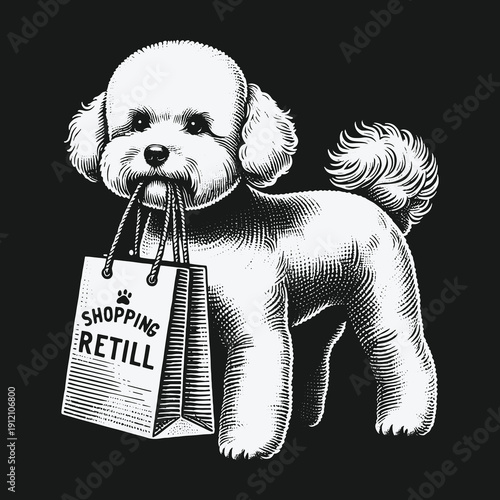 Dog with Shopping Bag: A Charming Black and White Illustration.