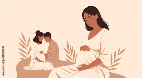 Expectant mother sitting with family members in a serene environment from a front viewpoint