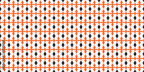 High Contrast Geometric Seamless Pattern with Vibrant Orange and Black Diamond Accents on White Background for Modern Graphic Design and Packaging