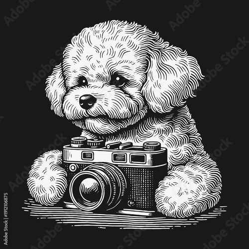 Adorable Poodle Photographer: A Charming Black and White Illustration.