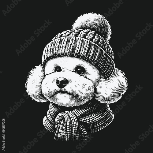 Adorable dog portrait wearing winter hat and scarf.