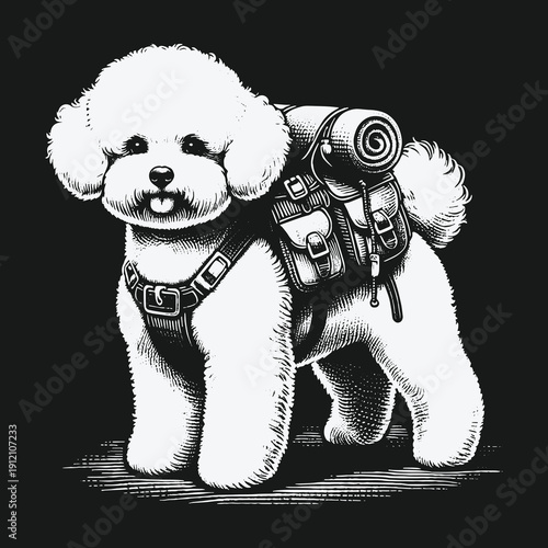 Bichon Frise dog ready for hiking adventure with backpack.
