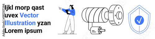 Female engineer with tablet pointing at machinery diagram next to shield with checkmark. Ideal for engineering, manufacturing, technology, innovation, safety, technical design, simple landing page