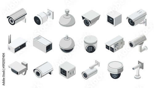  Security systems, cctv cameras for face recognition, indoor and outdoor street monitoring, digital technologies for protection, surveillance, and safety, flawless vector elements for modern 