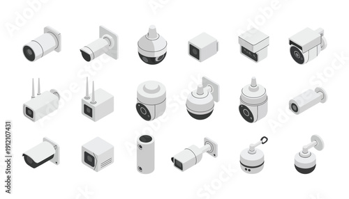 Isometric security systems collection, digital cctv cameras for face recognition, indoor outdoor monitoring, street surveillance, protection technologies, and flawless vector elements